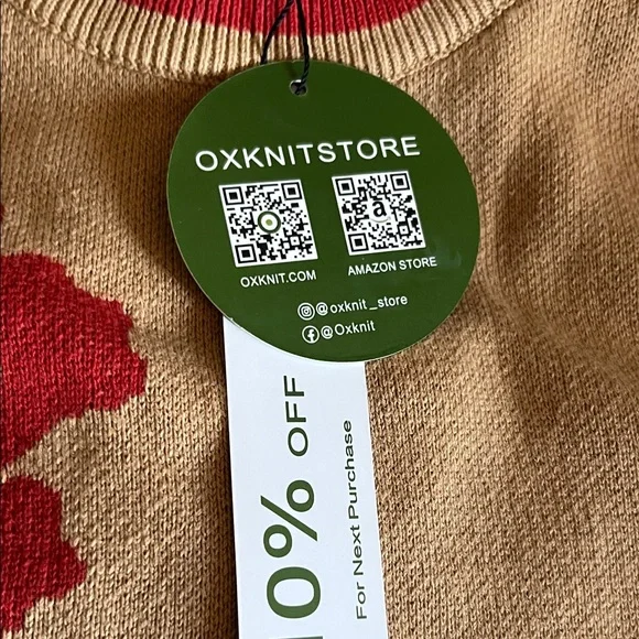 Women’s Tan Crewneck Sweater with Red Floral Motif - Unbranded - Picture 2 of 5